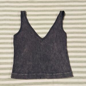 Gray Ribbed V-Neck Tank Top